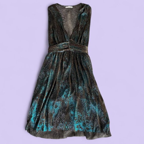 Vintage Y2K Entry Metallic Mini Dress Glittery Teal Brown Pleated Party Dress - Picture 1 of 6